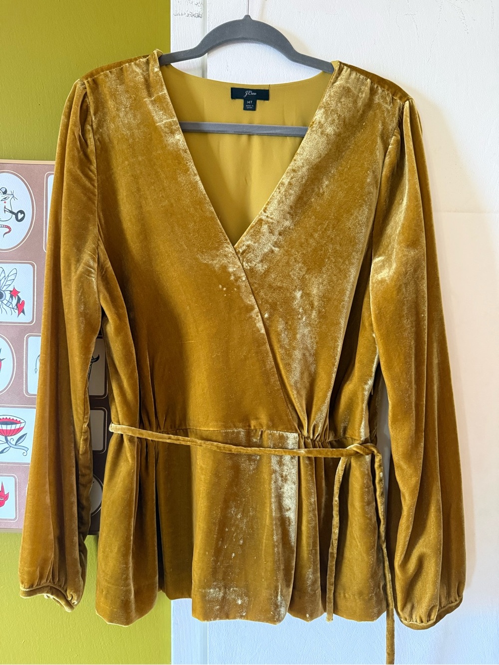 J. Crew velvet blouse, golden mustard color, size 14.